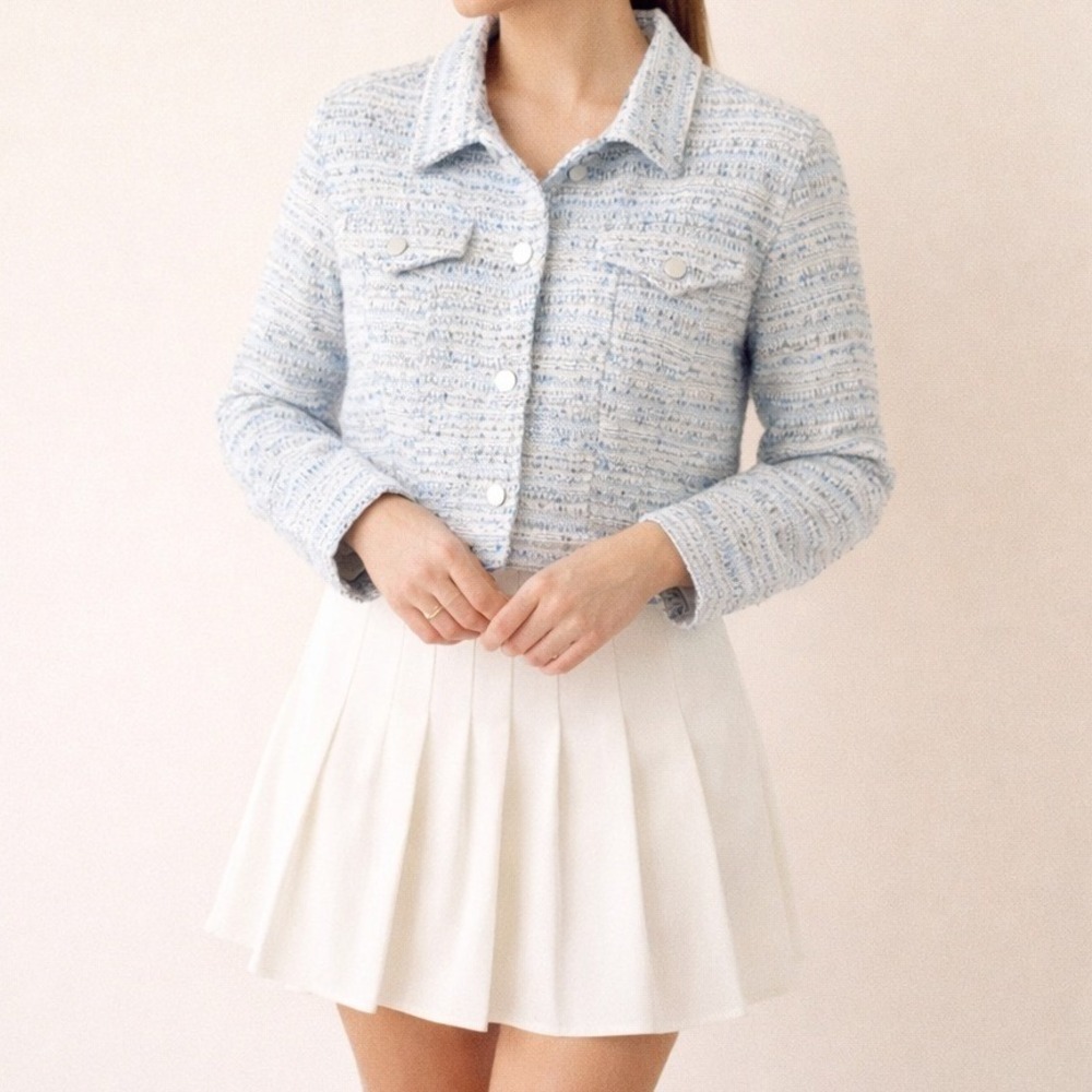 Jules Kae Talia Tweed Jacket Sky Blue NWT Sample Metallic Sz Sml Easter Preppy